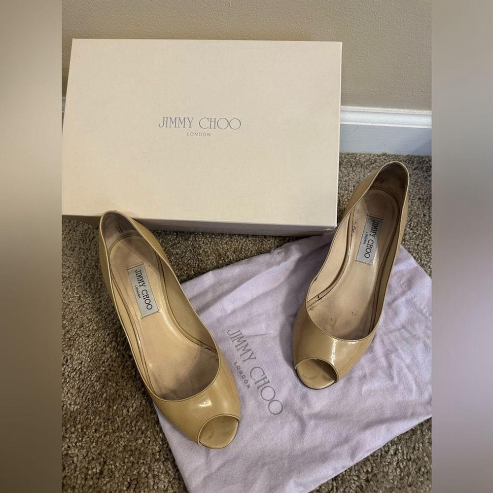 Jimmy Choo Nude Patent Leather Peep Toe Pumps Size 38